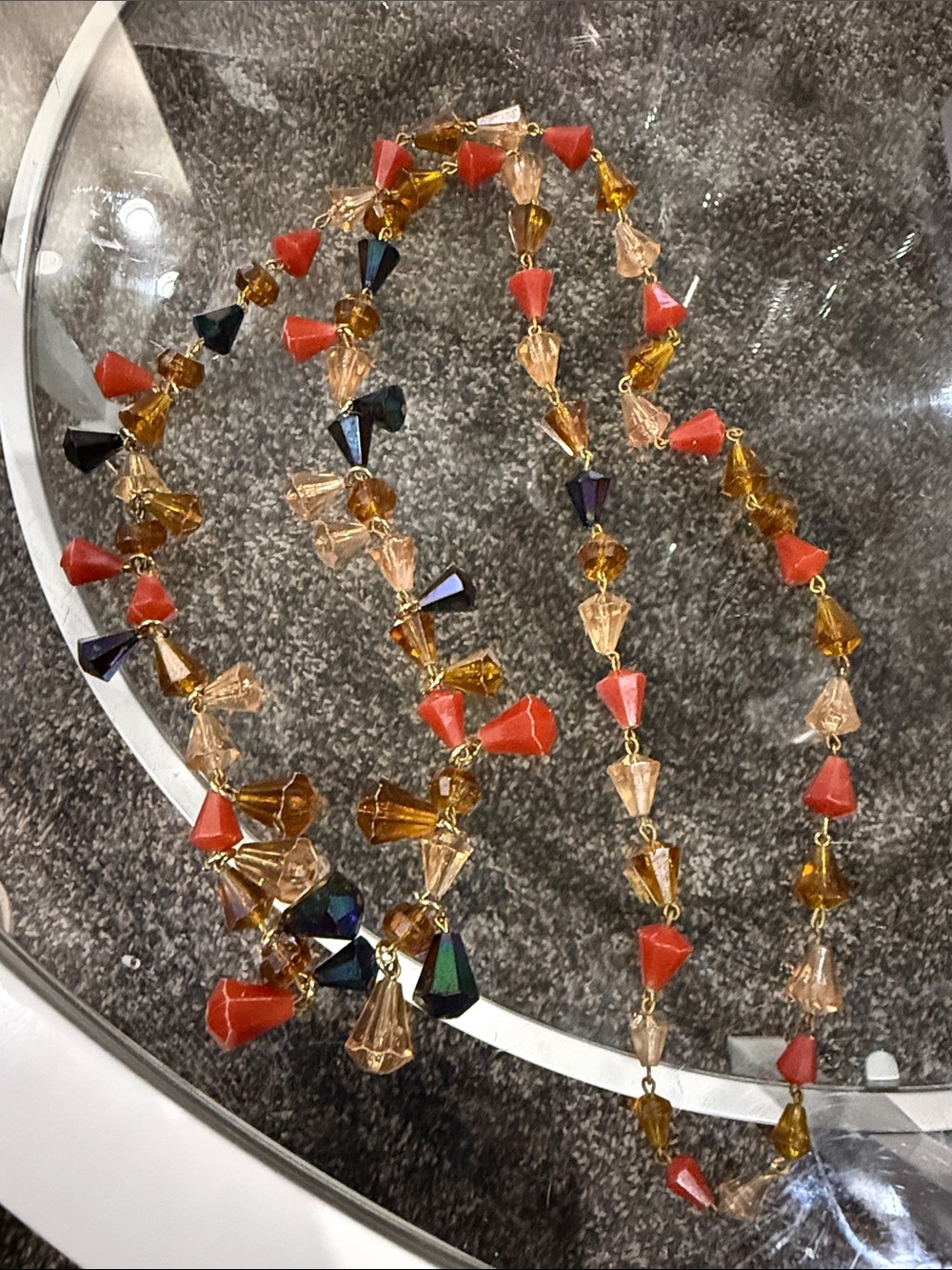 Vintage art deco cone beaded single chain necklace - Coral & Amber